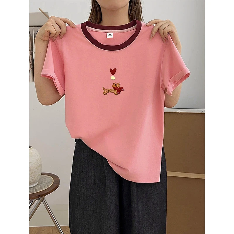2025今年新款正肩拼色圆领短袖t恤女士韩版时尚洋气粉色上衣夏季