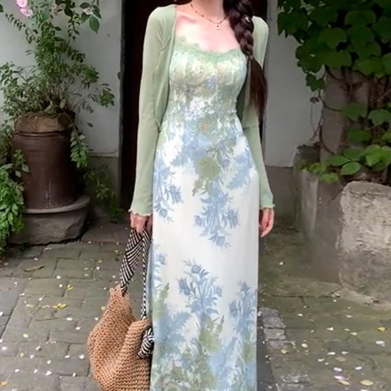 2407法式温柔风绿色吊带碎花连衣裙子女早春季2025新款小个子长裙