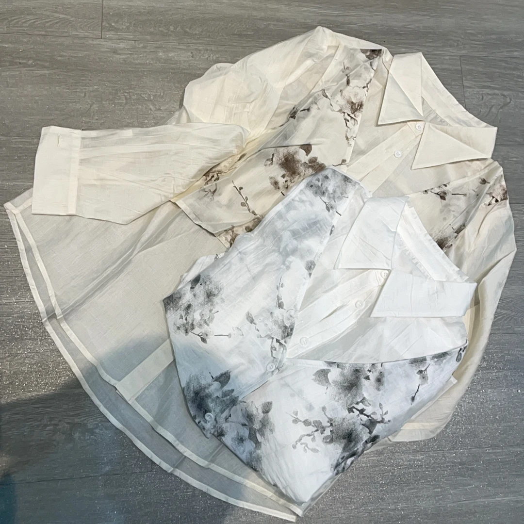 小众设计复古水墨晕染POLO领碎花真两件长袖衬衫-果梓0022