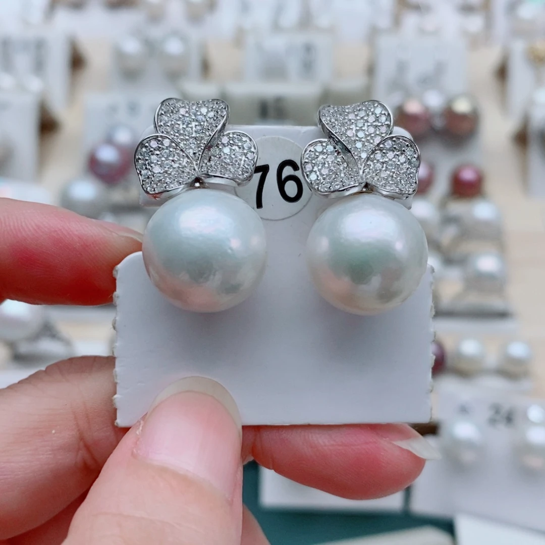 银S925镶嵌淡水珍珠耳饰14mm