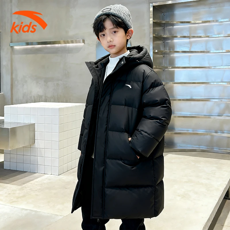 安踏儿童中长羽绒服2025年新款舒适加厚保暖防泼水连帽运动厚外套