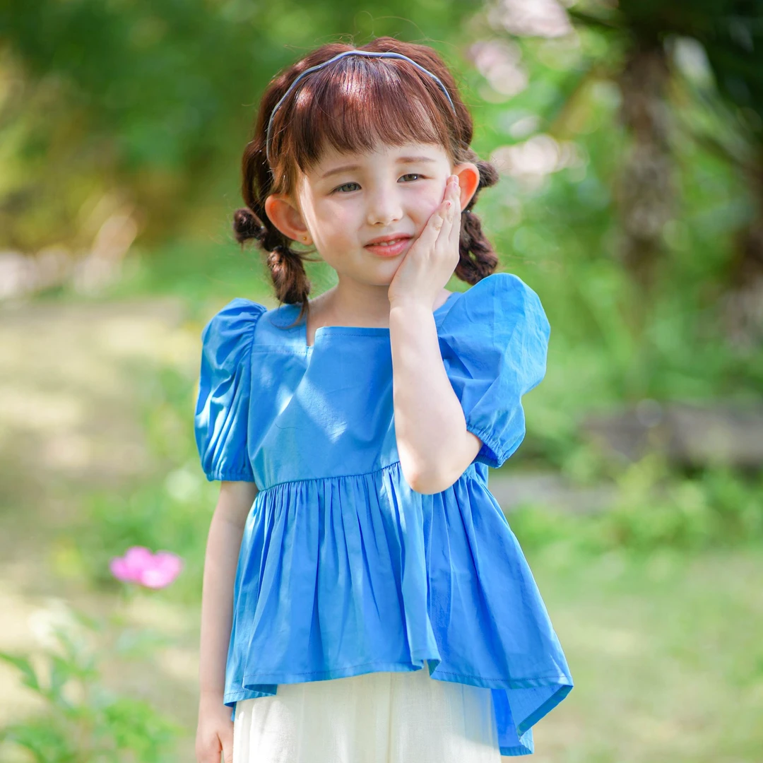 女童夏季公主风公主短袖韩版泡泡袖纯色衬衫娃娃衫法式失序混搭风