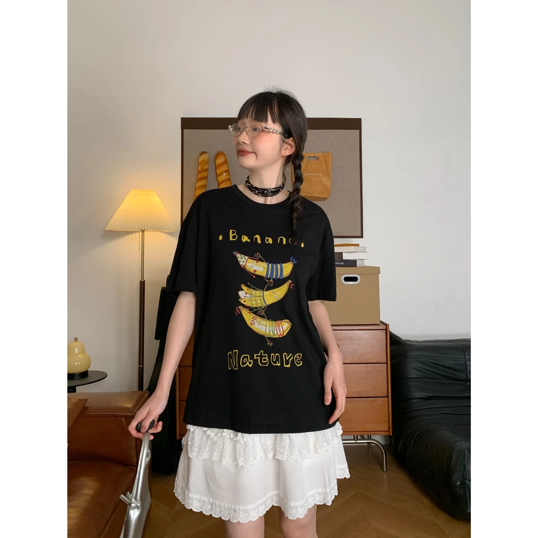 韩系chic别致香蕉印花设计感短袖上衣女夏季新款圆领休闲显瘦T恤
