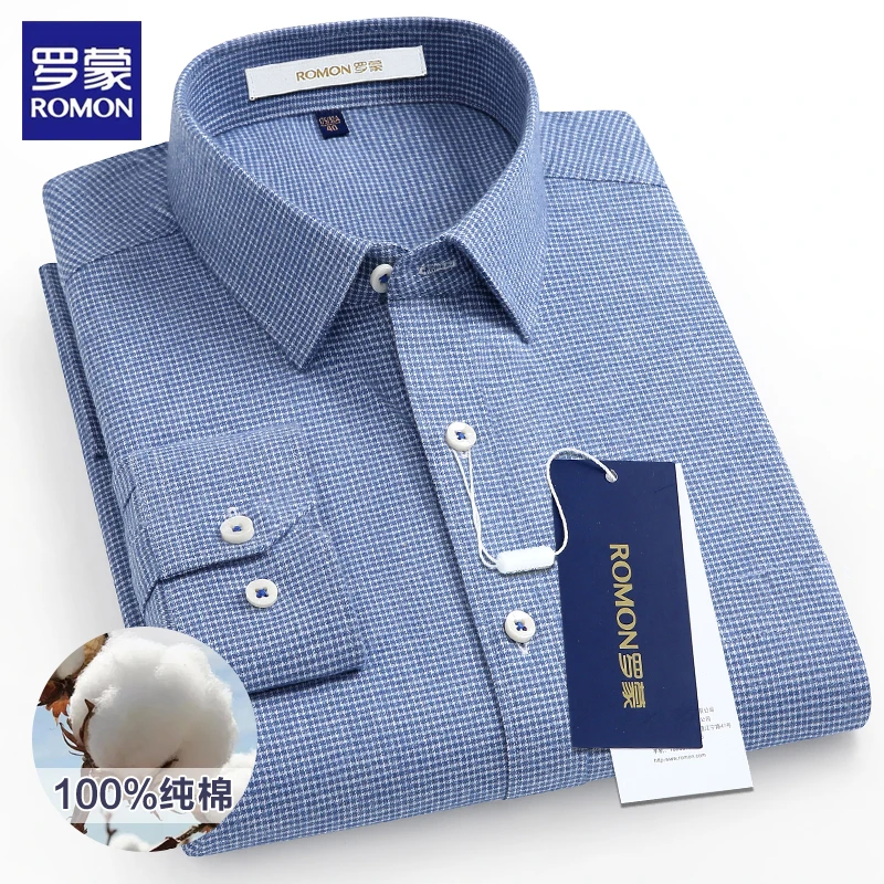 罗蒙高级感中年男士蓝细格子长袖外套衬衫纯棉磨毛商务休闲装衬衣