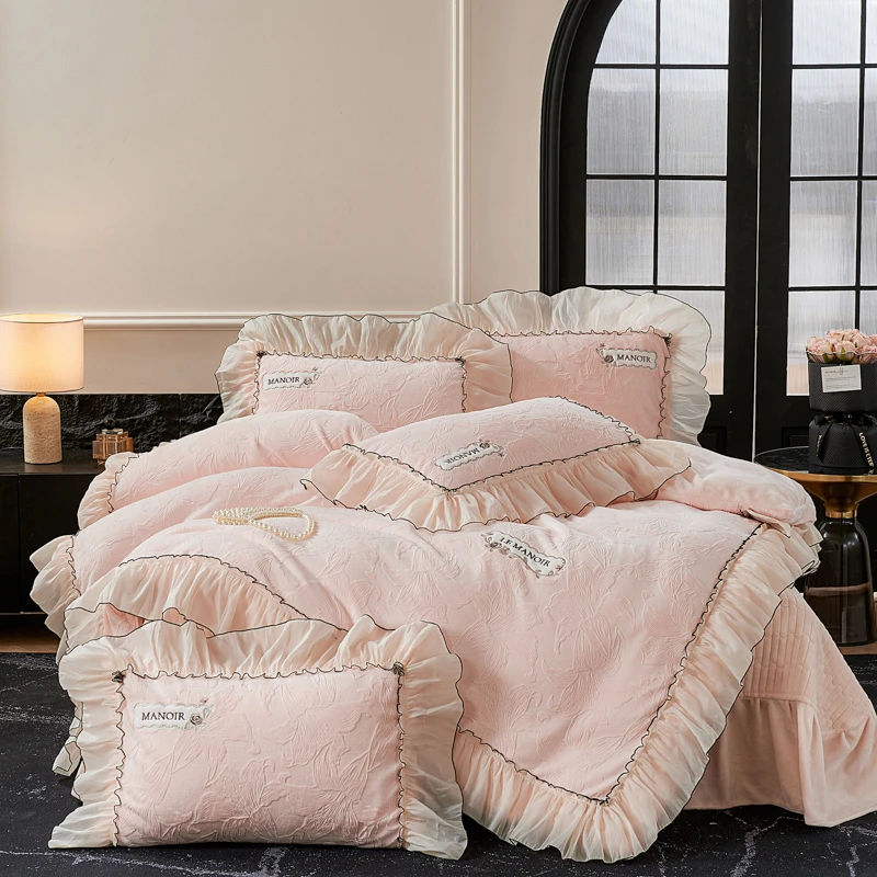 轻奢-韩版加厚全消光公主风牛奶绒床盖四件套