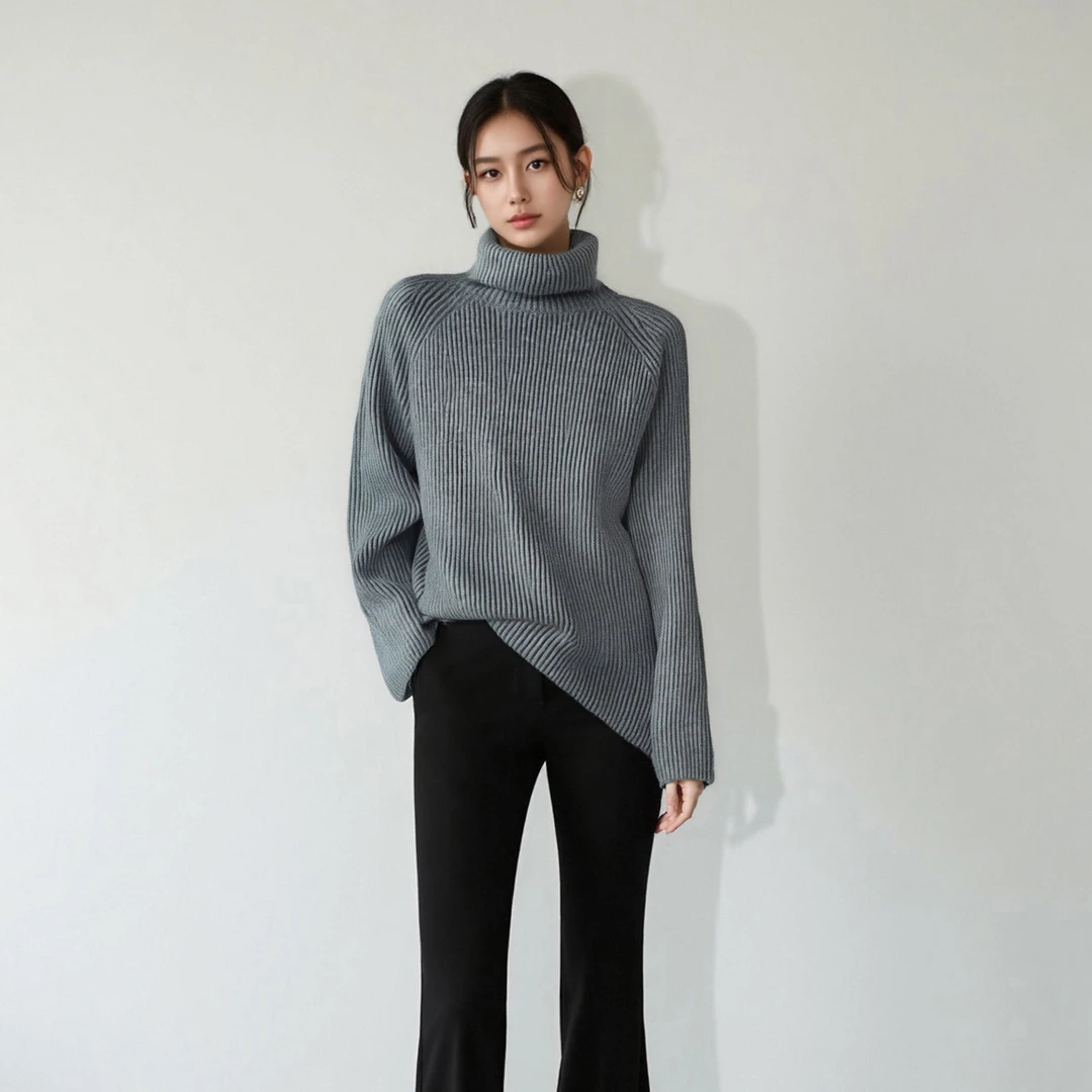 2025秋冬高领宽松毛衣女中长款休闲长袖针织毛衣外套HBZK641162