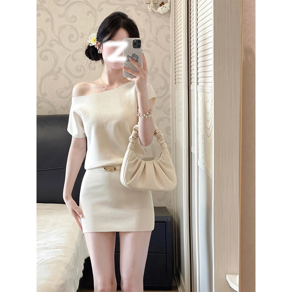 6-8运补素颜女主斜边针织连衣裙送皮带纯欲性感时尚夏季短裙