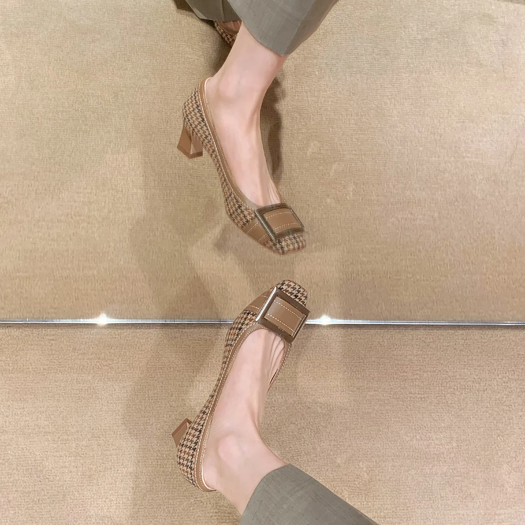 葡萄妈studiolee 增高5.5cm~ 经典小方头明线设计喇叭跟浅口单鞋