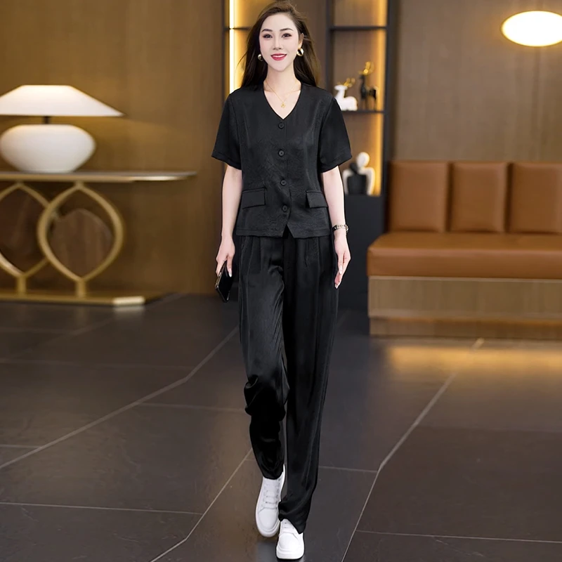 2025年气质夏装优雅短袖套装显瘦女人味直筒洋气裤套装两件套夏季
