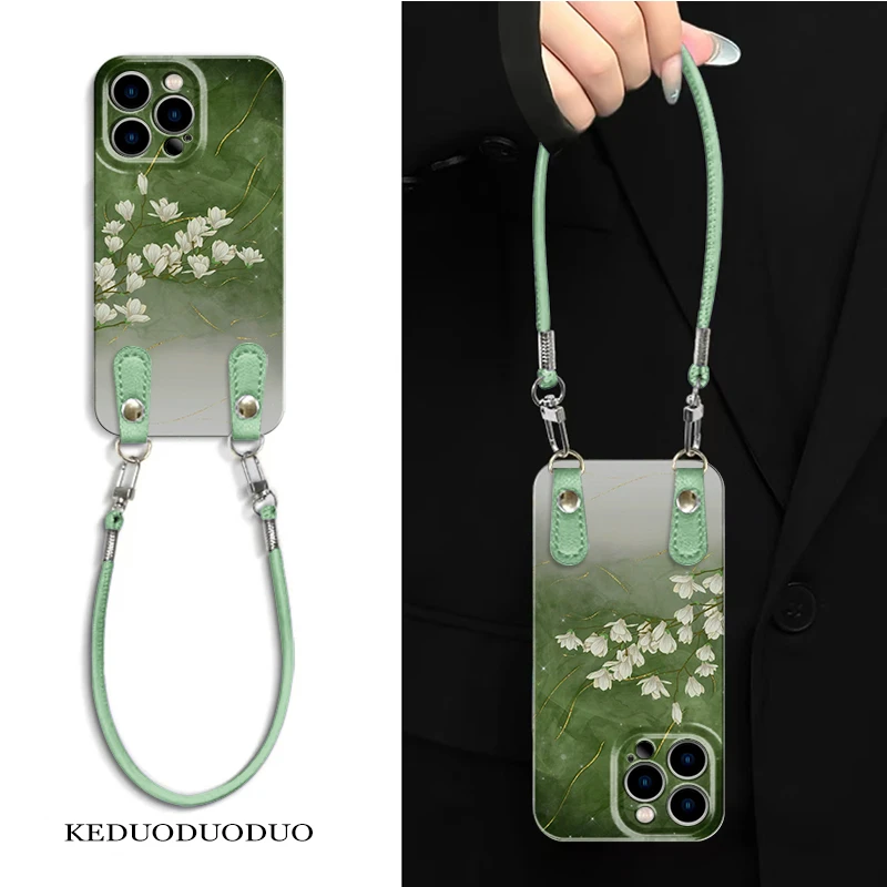 新中式绿色玉兰花适用小米vivo华为菲林手机壳苹果16promax个性15