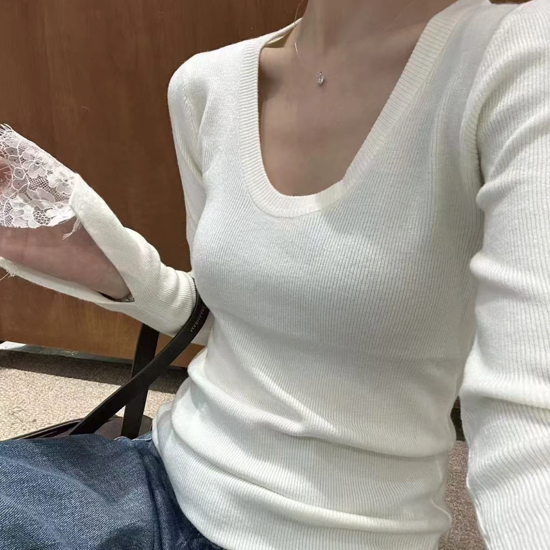 长袖抗皱耐磨V领宽松型针织T恤秋季套头方领洋气气质