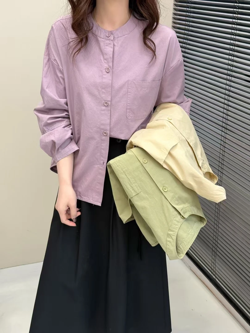 春季设计感小立领长袖衬衫宽松蝙蝠袖打底衬衣女上衣复古文艺棉衬