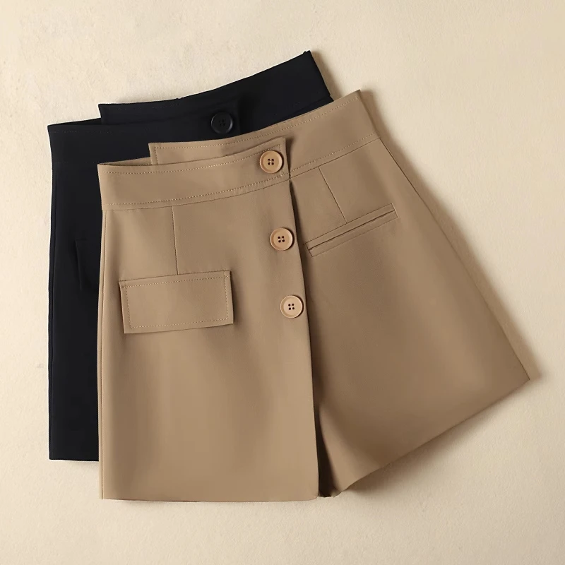 拉夏贝尔黑色西装裙裤女2025夏季新款设计感不规则高腰百搭A字裤