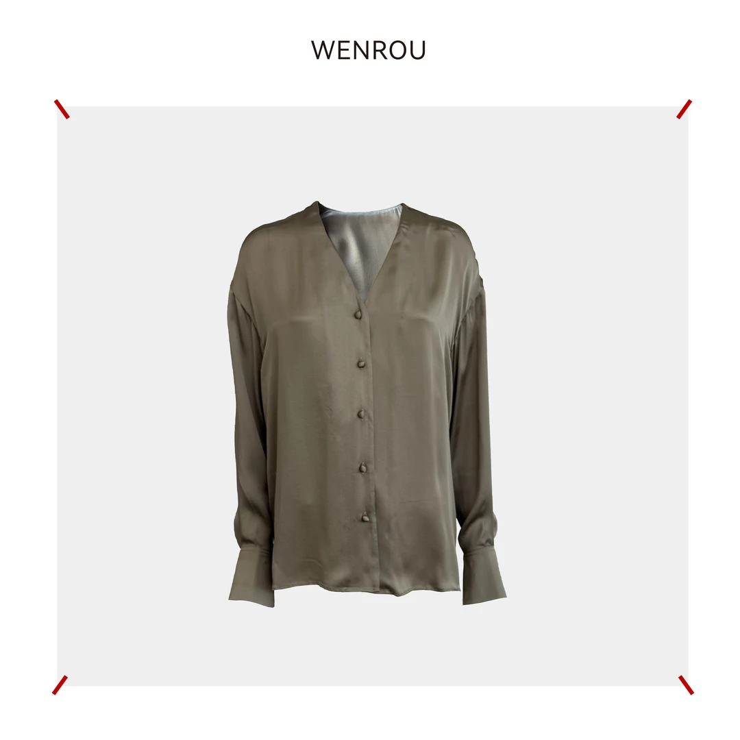 温柔自知 绿色 意大利进口 V领子 衬衫ST067