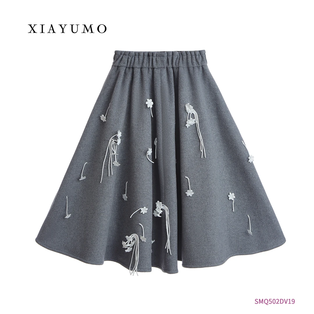 夏羽墨女童早春新款简约灰毛呢刺绣花朵流苏百褶裙松紧腰半身裙