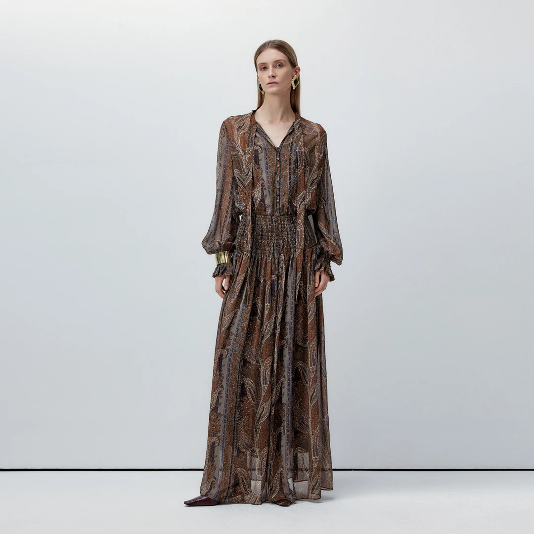 LYNEE【梦境巡游】腰果花印花系带连衣裙女复古飘带裙 LGD2FAW025