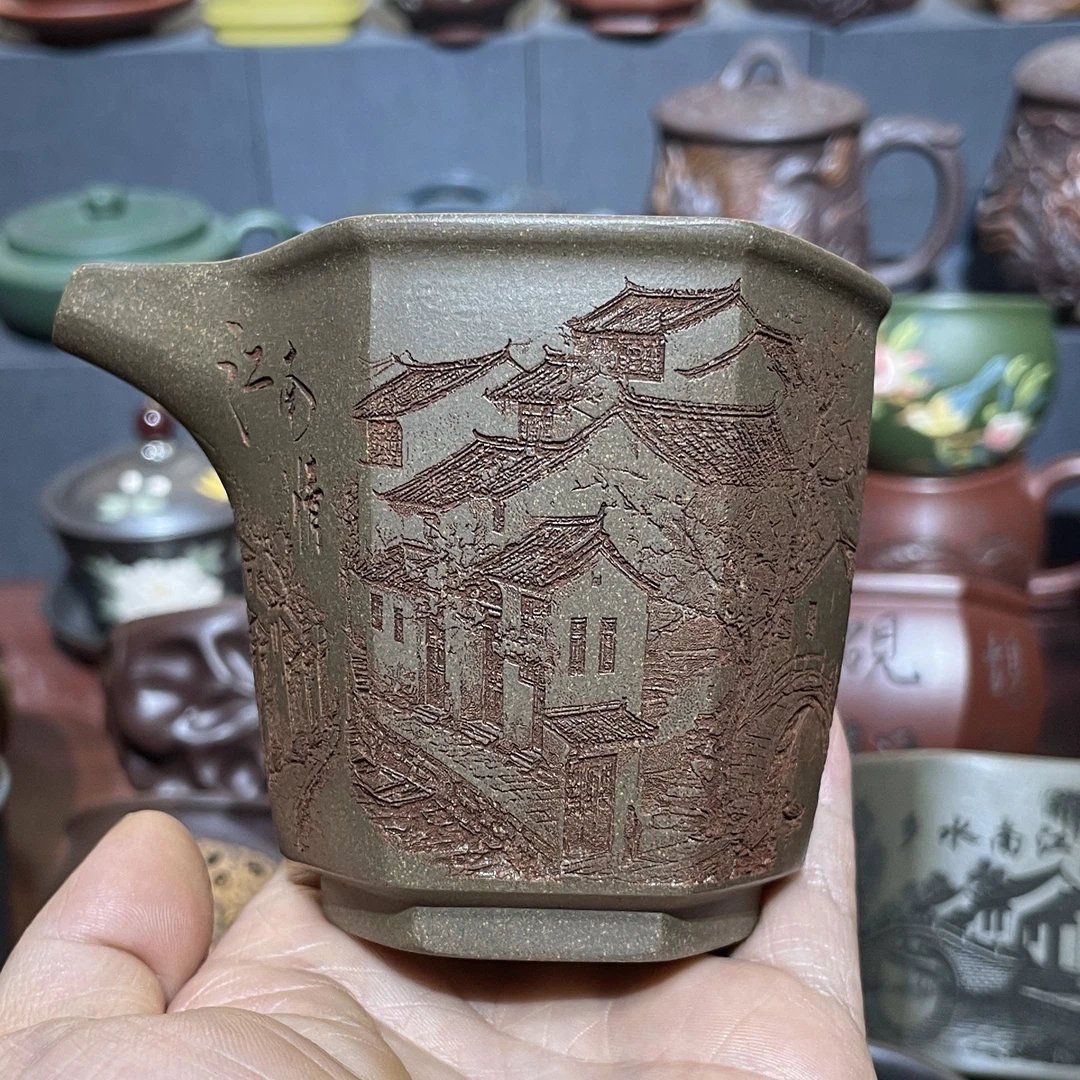 宜兴原矿紫砂蟹壳青浮雕刻绘江南全手工六方公道杯220毫升容量