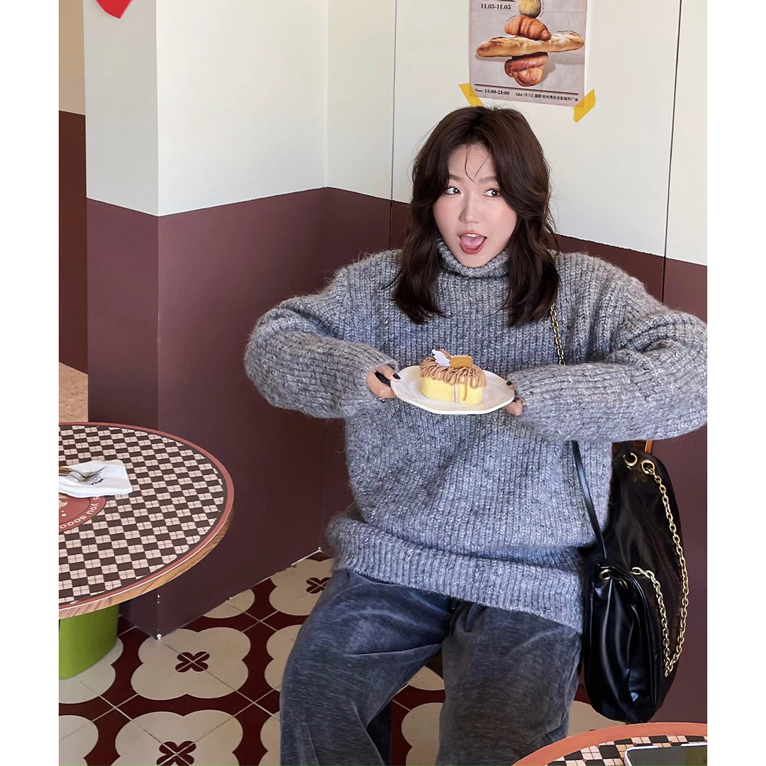 白标~慵懒收藏家~夹花泡芙马海毛高领宽松高领毛衣针织衫女冬