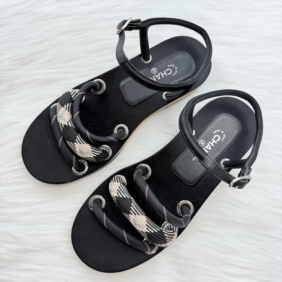 99新 Chanel/香奈儿 编织一字带木屐平底鞋 37.5码 公价8k g072