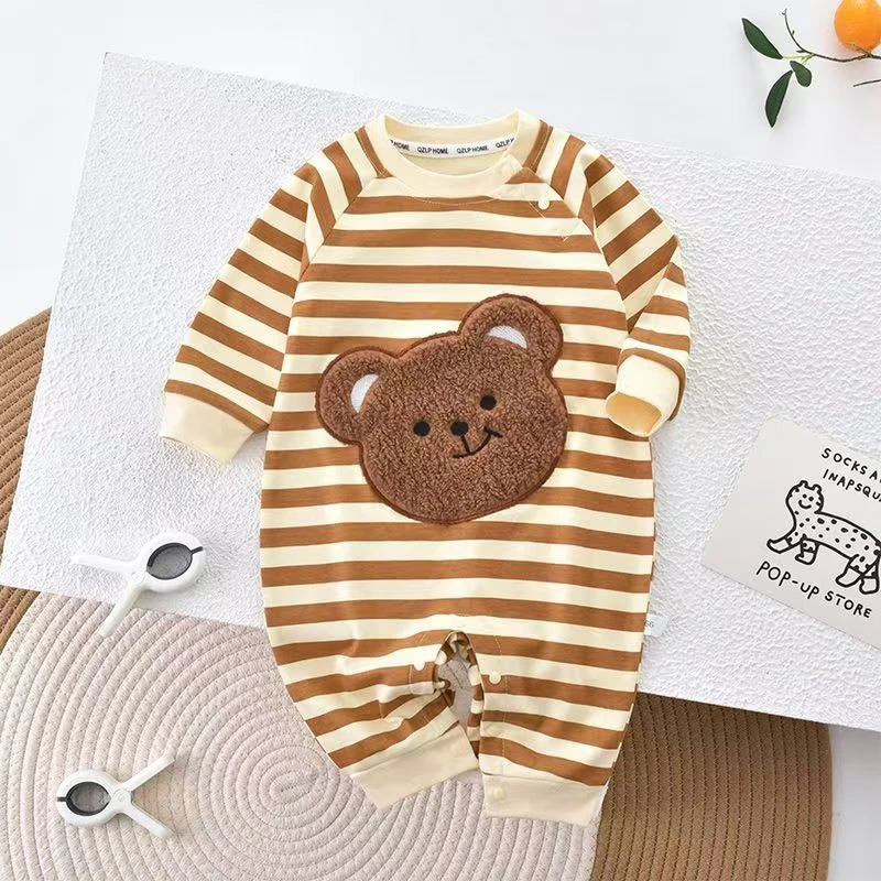 婴儿连体衣春季宝宝可爱卡通条纹长袖哈衣婴幼儿春秋款爬服