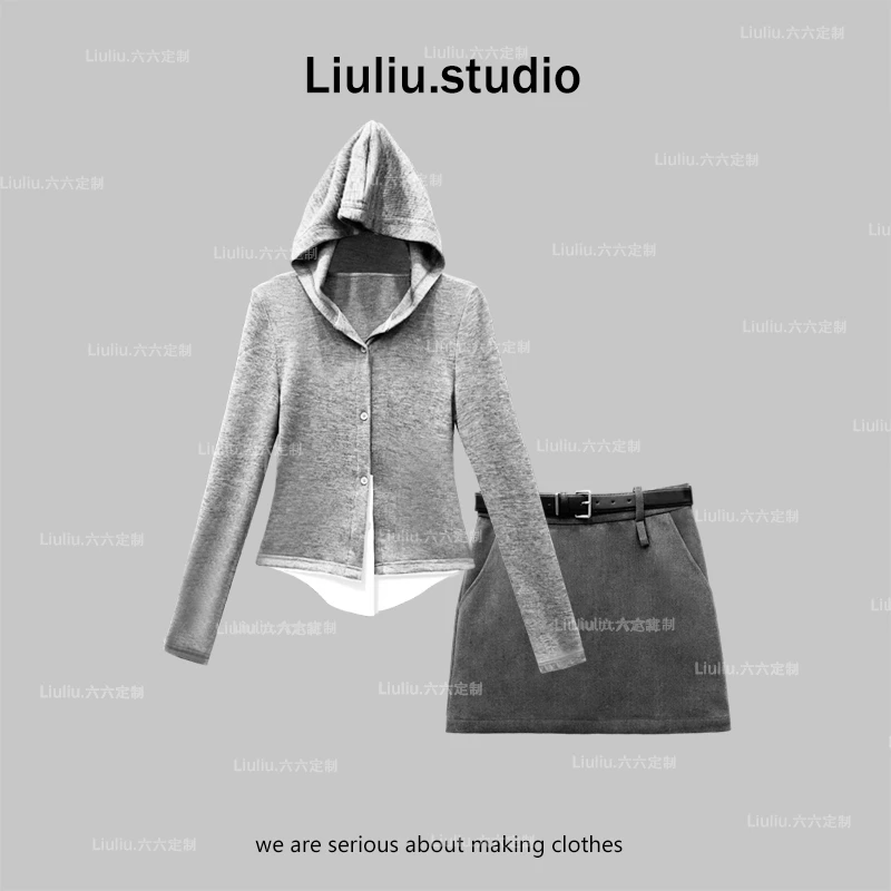 LiuLiu定制【灰里灰气】设计感假两件上衣+高腰半身裙套装两件套