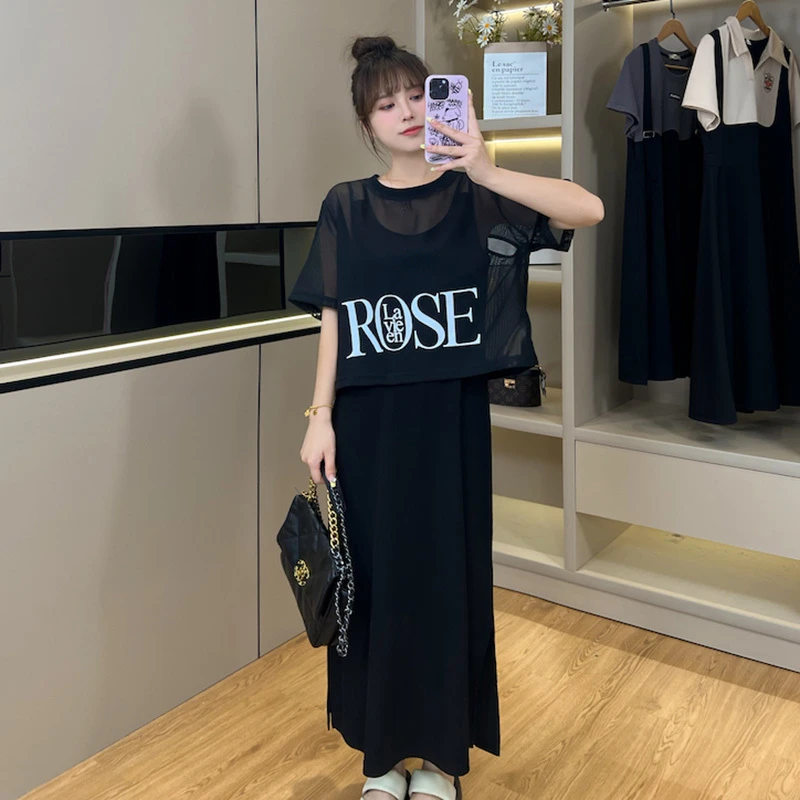 慕翎大码女装新款夏装宽松短袖上衣吊带连衣裙显瘦套装微胖妹妹mm