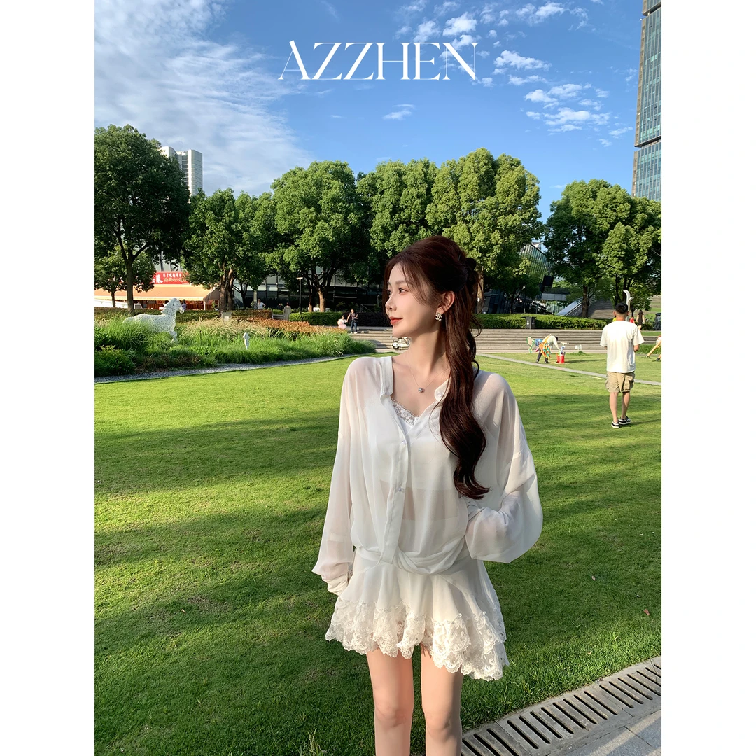AZZHEN【慵懒云雾】飘逸蕾丝衬衫白色长款短裙套装衬衣/AZ5DSZ12-SQ