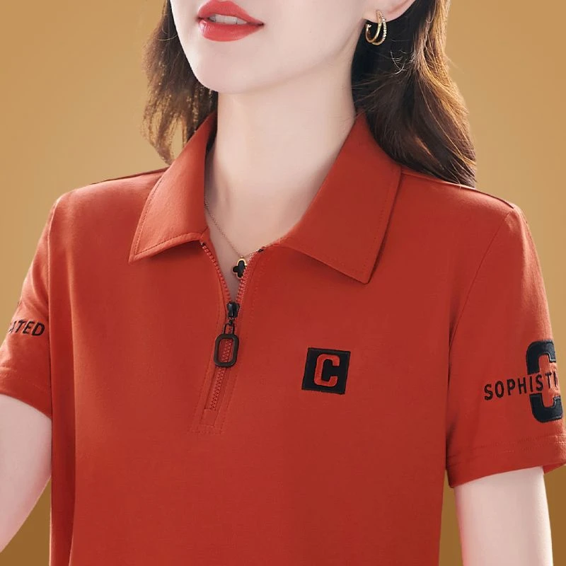 810桔色翻领短袖t恤女夏季修身显瘦妈妈半袖polo衫运动休闲上衣