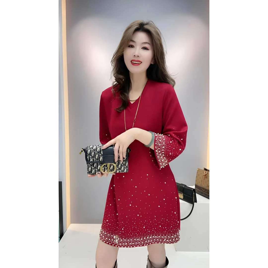 2025春季时尚气质重工钉珠九分袖连衣裙V领宽松洋气百搭中长裙
