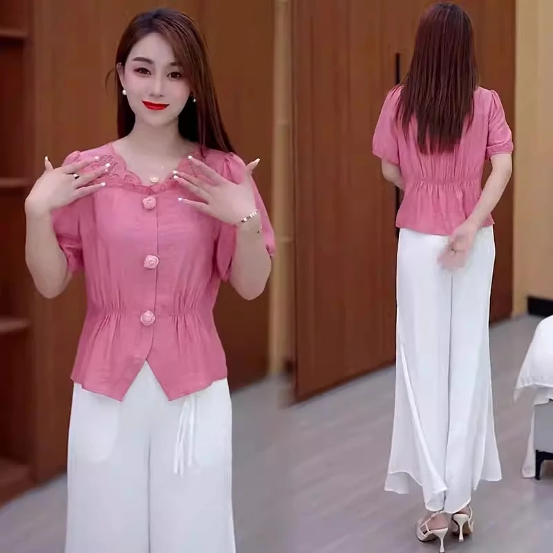 时尚镂空短袖衬衫女2025夏季新款洋气显瘦立体花朵气质减龄上衣潮