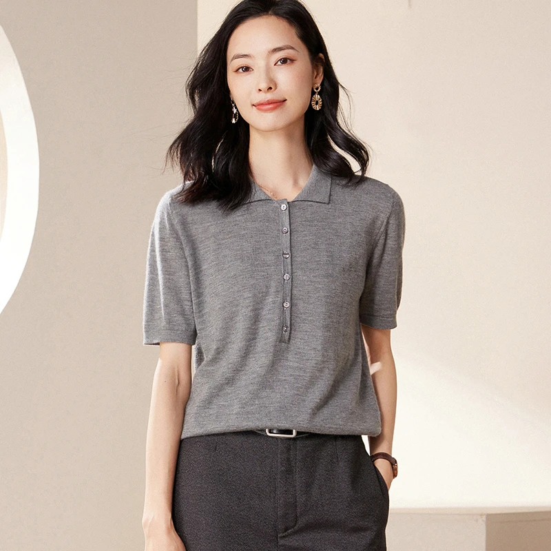 500 正品 68支精纺纯山羊绒女Polo领短袖 休闲气质显瘦 舒适保暖