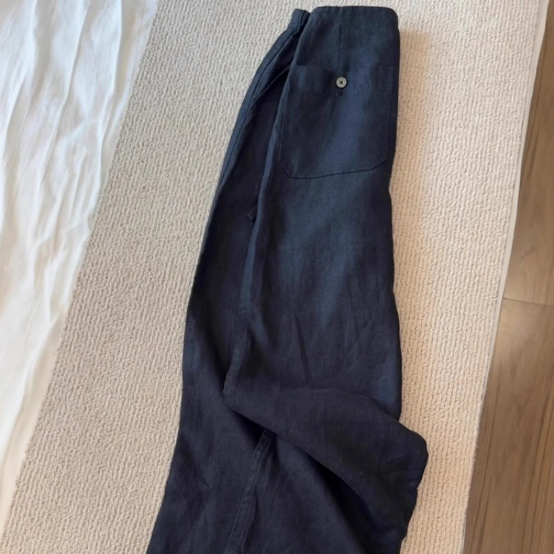 梨型身材纯亚麻长裤女老钱风宽松直筒阔腿裤夏季小个子松紧腰裤子