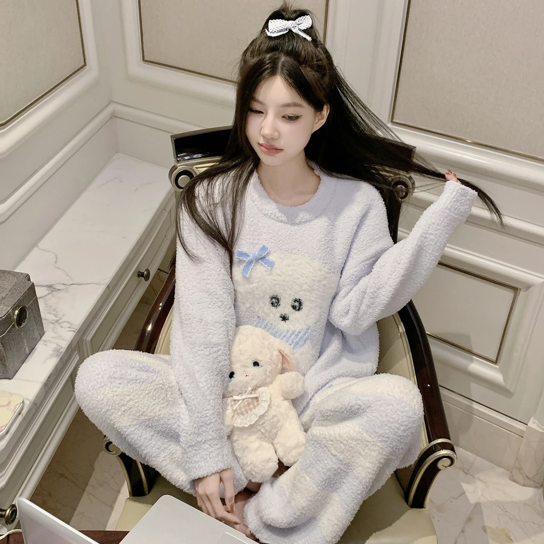 2025半边绒睡衣女可爱比熊秋冬新款软糯亲肤休闲简约家居服两件套