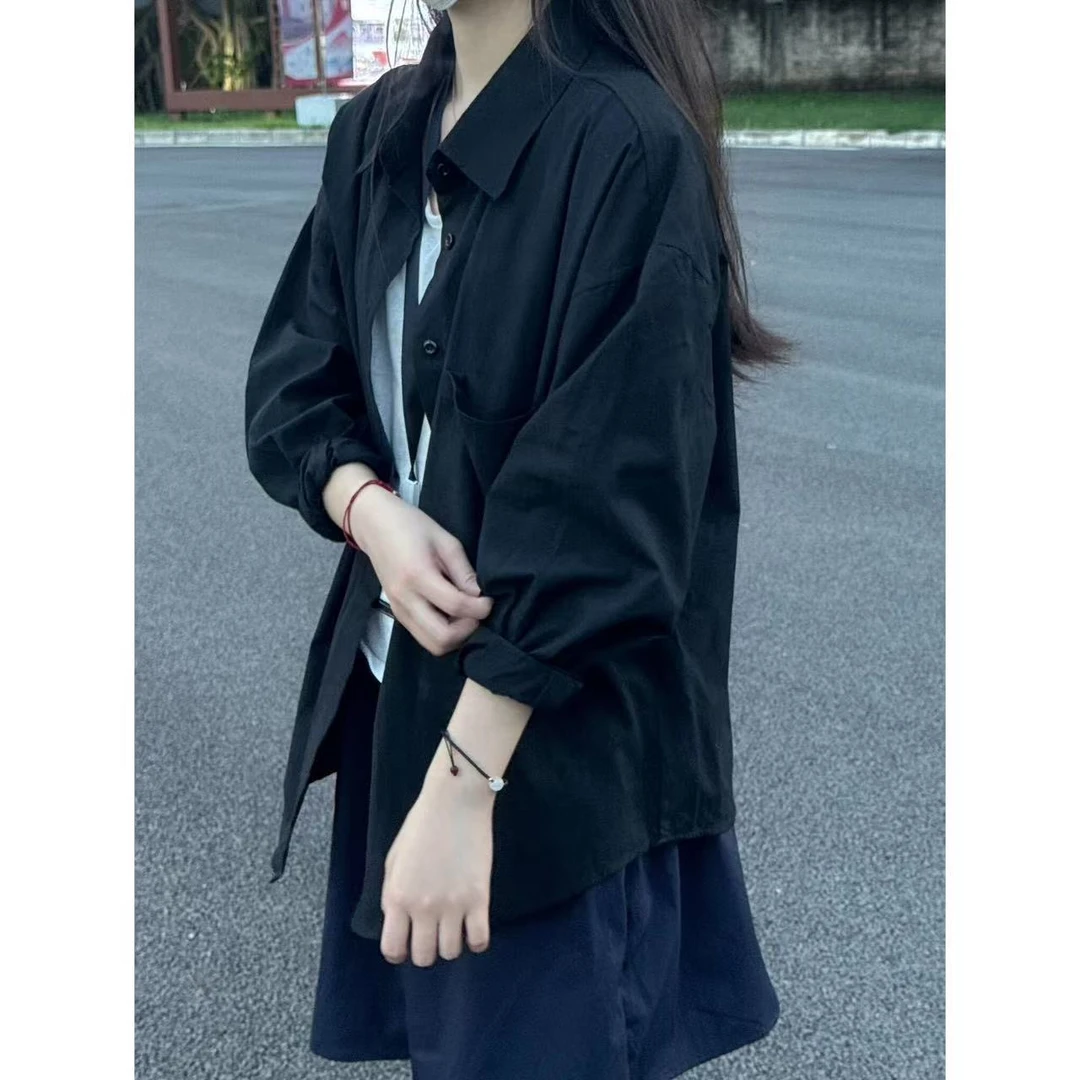 100%纯棉衬衫女2026春秋款内搭叠穿宽松显瘦遮肉长袖衬衣外穿开衫