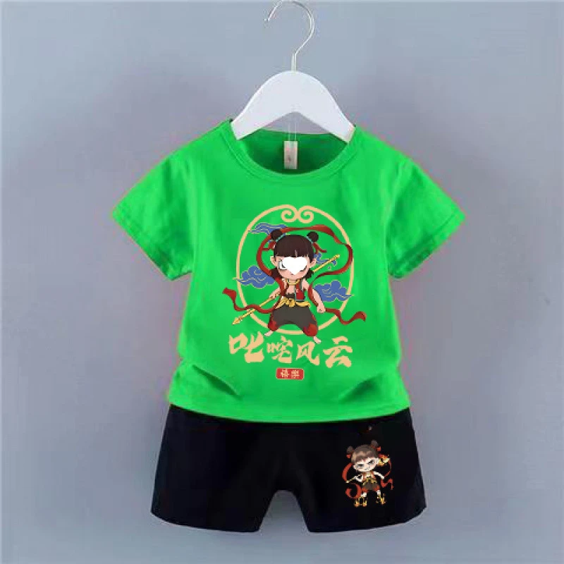 纯棉哪吒闹海2025年新款男女童两件套中小童帅气短袖短裤套装