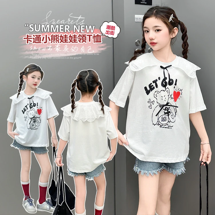 女童短袖t恤2025新款半袖洋气儿童夏季宽松体恤宽松大童夏装上衣