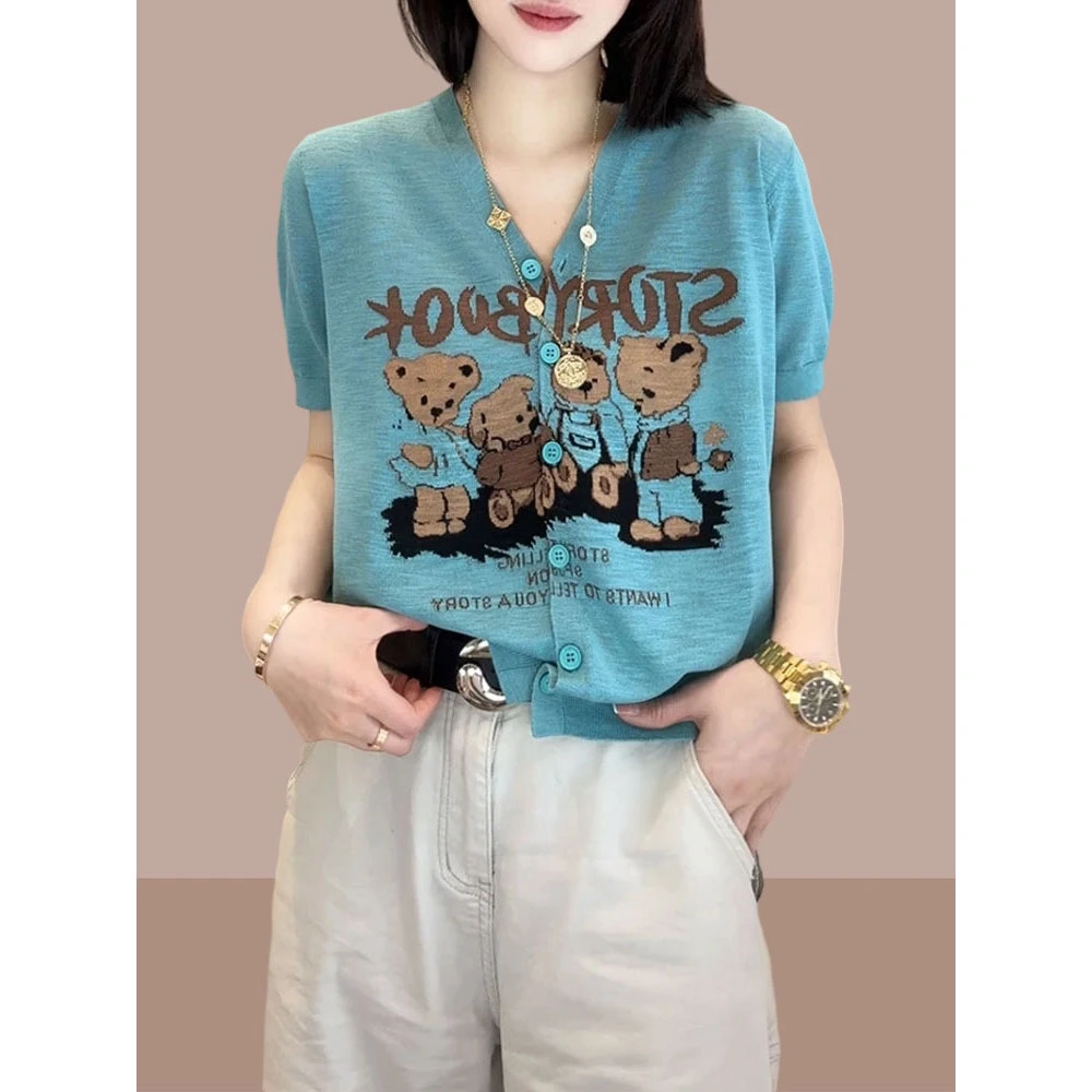 韩版字母印花薄款针织短袖女生2025年新款夏季休闲卡通风开衫上衣