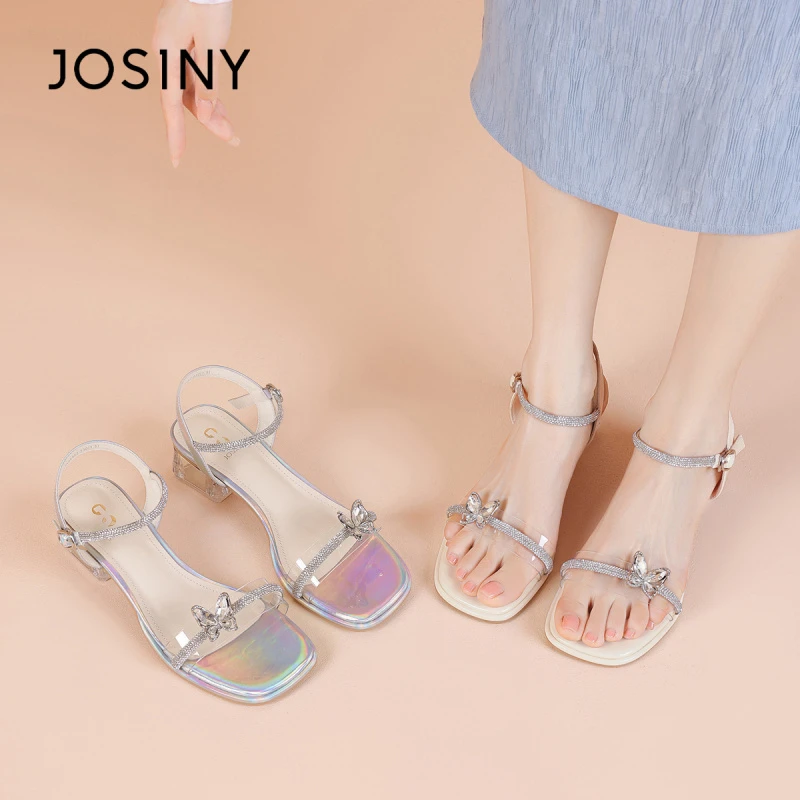 卓诗尼粗跟裙子凉鞋女新款春夏法式气质水钻外出名媛夏天女凉鞋