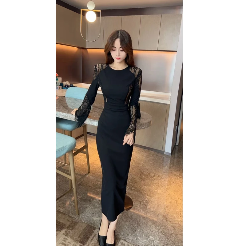 名媛风气质洋气蕾丝拼接连衣裙女中长款春秋显瘦开衩裙子潮