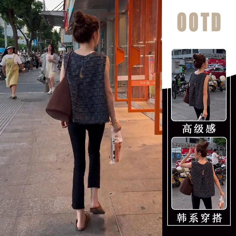 韩系外穿时尚套装2025夏新款休闲轻熟风法式无袖上衣修身黑色裤子