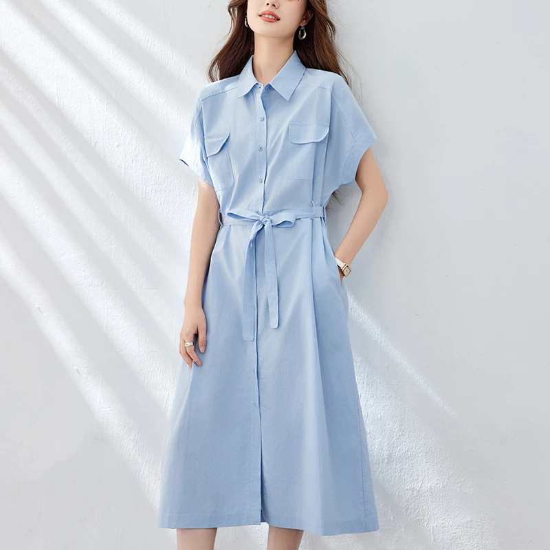 2025棉连衣裙女蓝色中长款短袖衬衫裙系带收腰夏季女款时尚中长裙