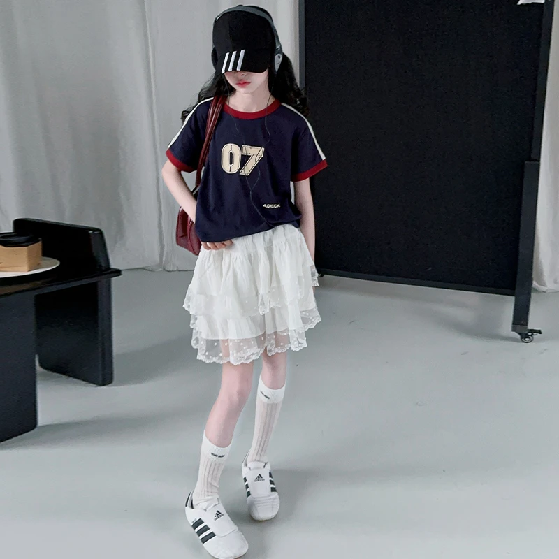 2025女童春夏季新款网红运动嘻哈休闲美式复古印花T恤蕾丝裙套装