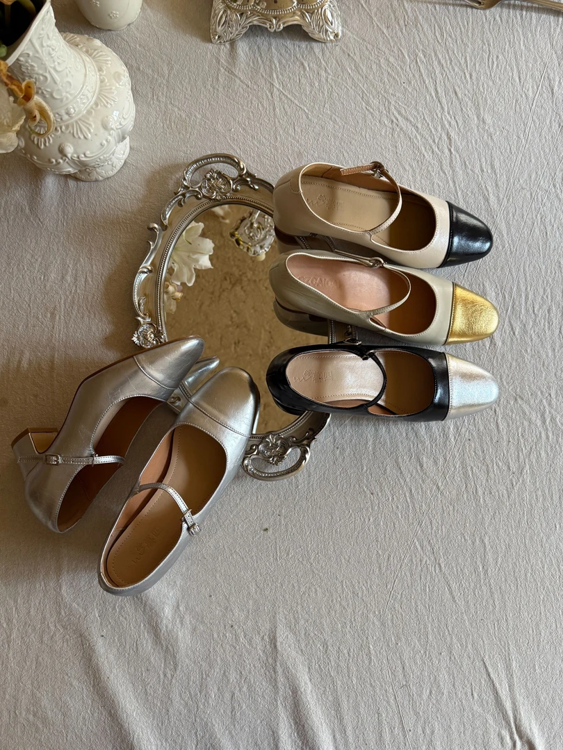 新款银色尖头高跟鞋浅口ol通勤粗跟复古真皮玛丽珍单鞋女