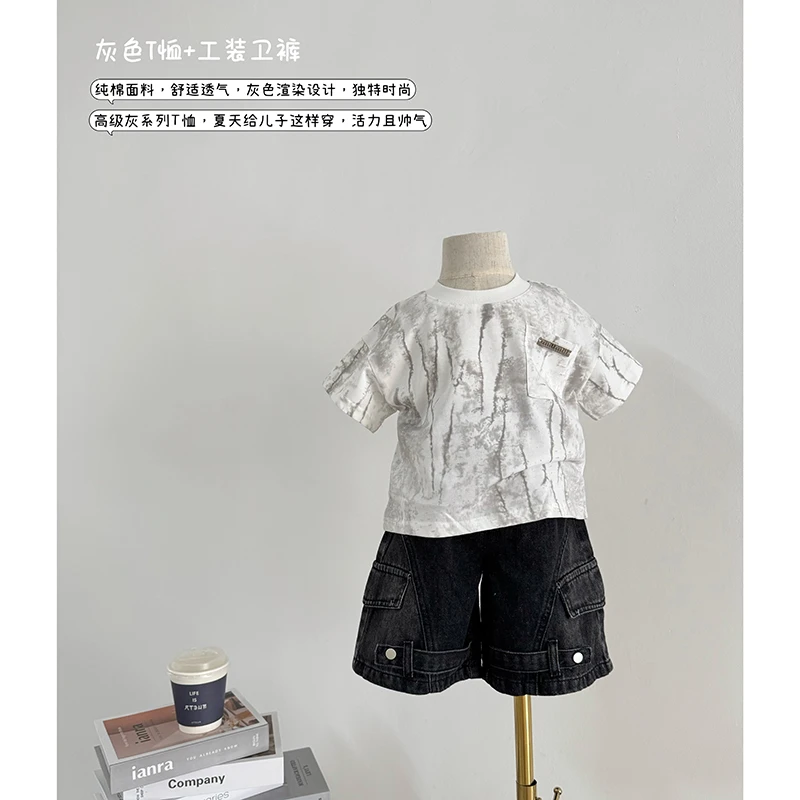 小怡森品2025年夏季新款韩版洋气时髦帅气灰色短袖牛仔裤男童套装