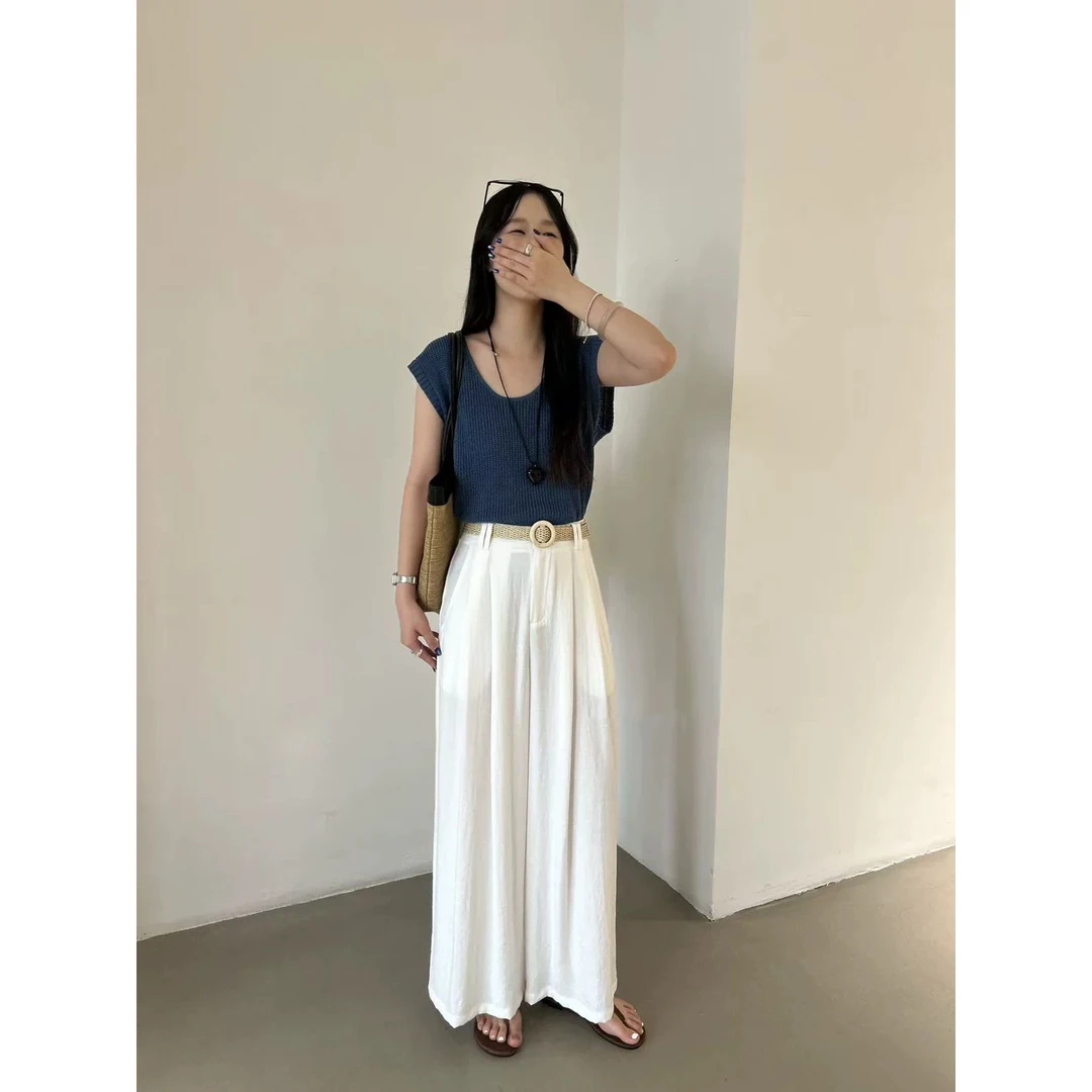 25186#（配腰带）韩系慵懒风~高腰休闲百搭直筒阔腿裤