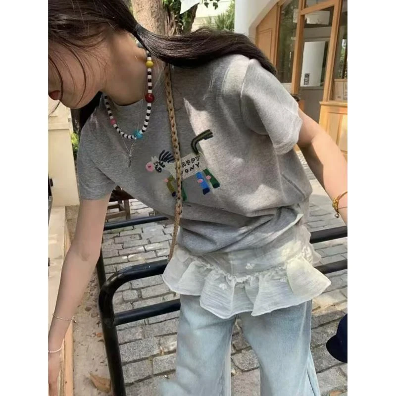 夏季趣味小马刺绣卡通短袖欧洲站宽松懒慵休闲减龄正肩T恤你