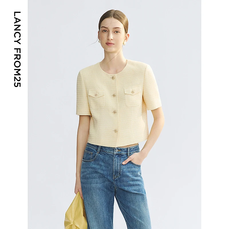朗姿2025年夏季新款设计感气质高级感法式小香风黄色短外套上衣女