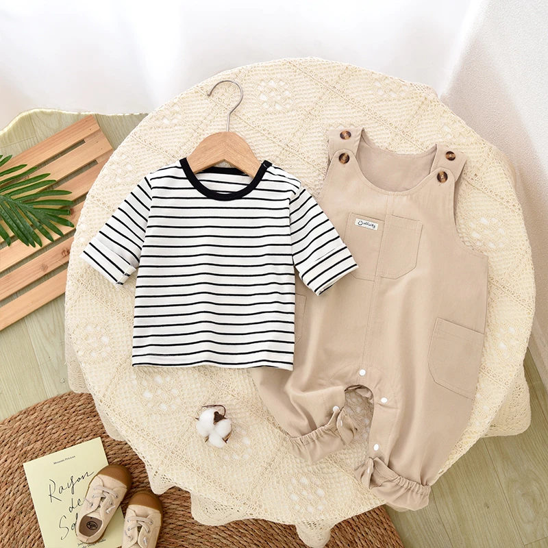 婴儿条纹长袖背带裤套装儿童爬服潮流宝宝衣服外穿分体衣春夏装