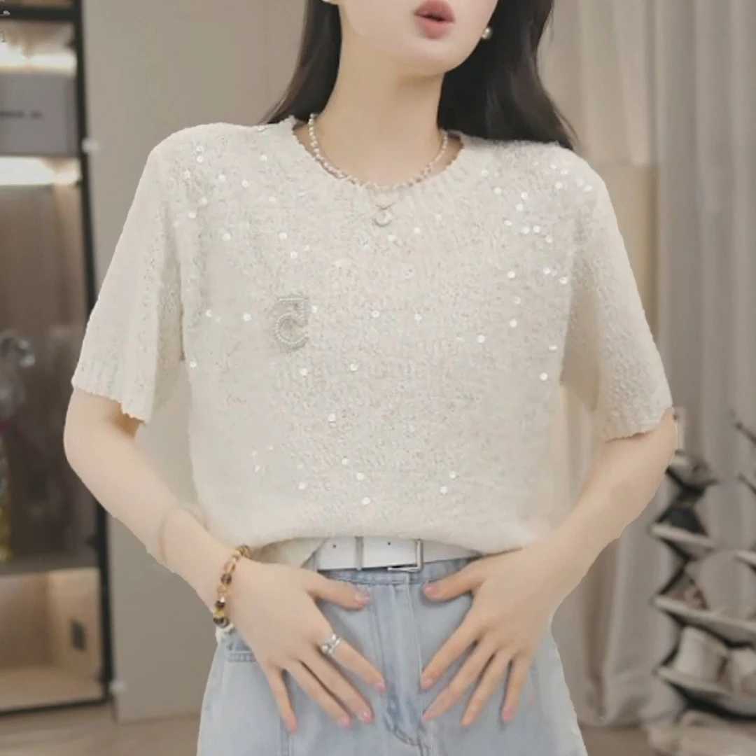 夏季宽松透气圆领短袖针织毛衣女2025新款时尚洋气休闲百搭上衣