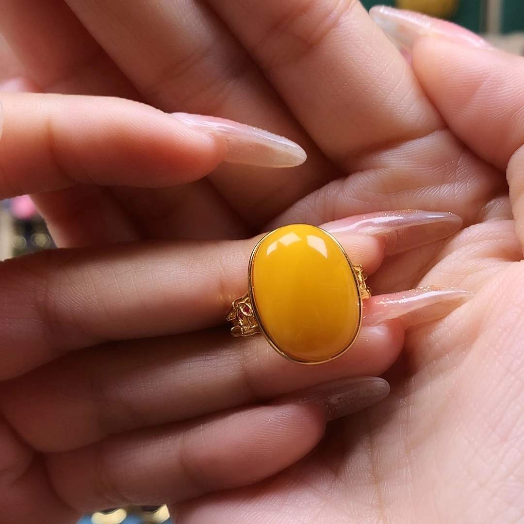 蜜蜡戒指银S925镶嵌戒指